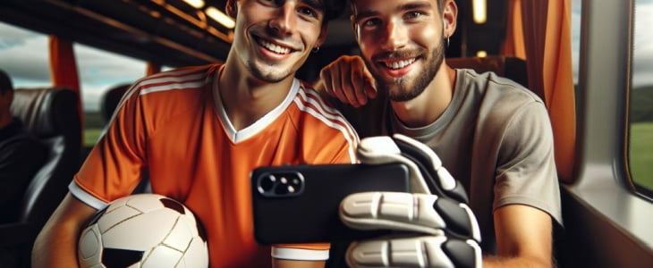 Two soccer players riding a bus